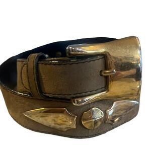 Vt9 90s Escada Suede Leather Gold Studded Western Glam Mob Wife Taupe Belt 38